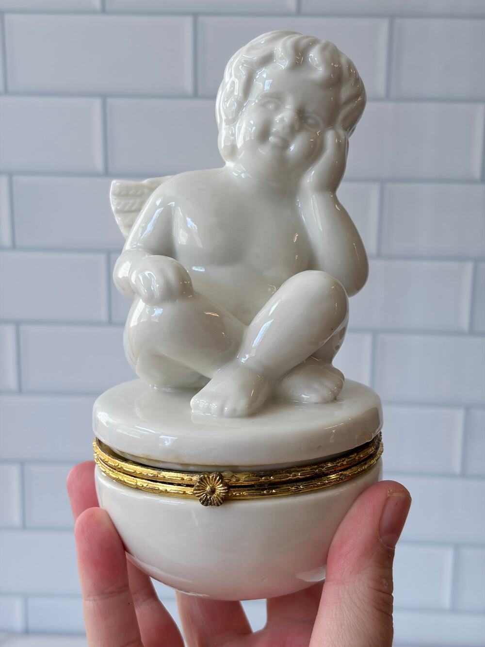 Vintage White Porcelain Cherub Trinket Box | Angel Baby Gold Hinge Lid